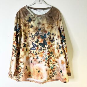 Misslook Top Women XL Beige Blue Cotton Butterfly Tunic Bohemian Cottage NWOT